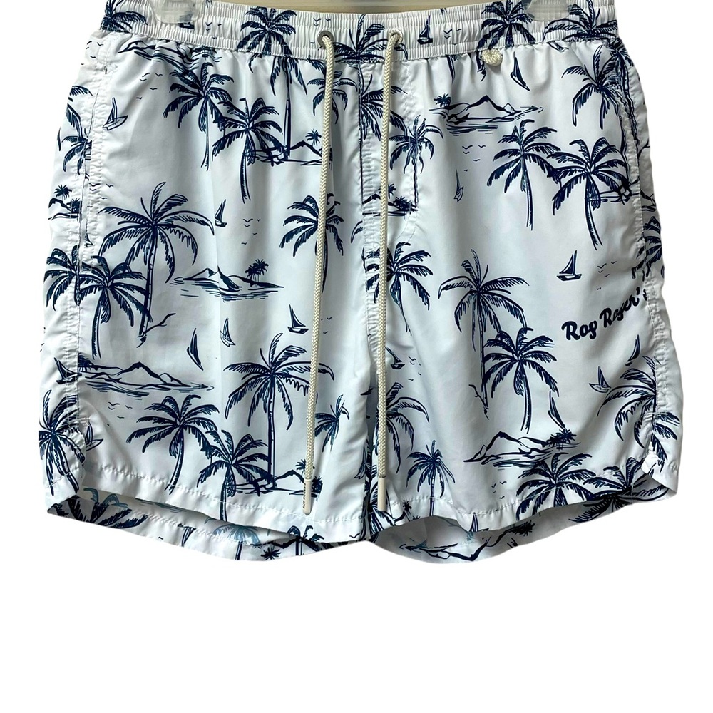 Roy Roger’s Riviera Palm Print Netted Drawstring Swim Trunks White Navy Blue Med
